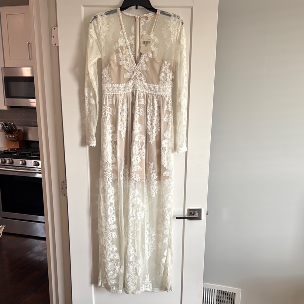 Altar'd State Cream V-Neck Gown with Long Sleeves